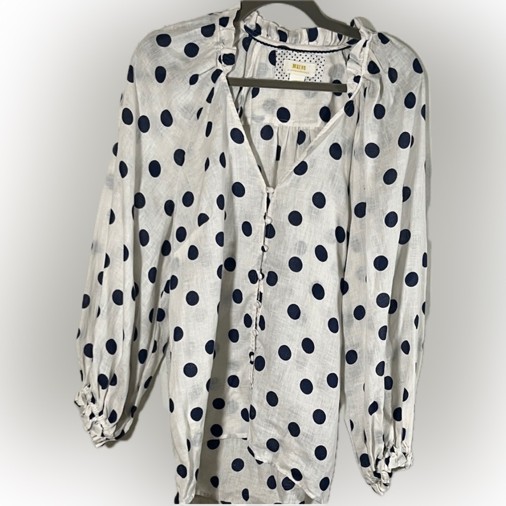 Maeve White Blouse with Navy Polka Dots